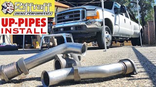 2001 F350 73  RiffRaff UpPipes Install  Stock up pipes leaking and falling apart JUNK SP [upl. by Hnah]